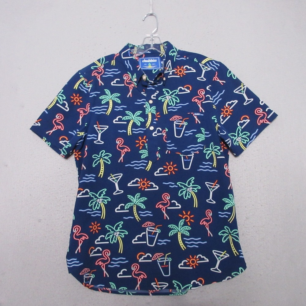 Chubbies Friday Shirt Men Medium Blue Neon Lights Vacation Palm Tree Flamingo